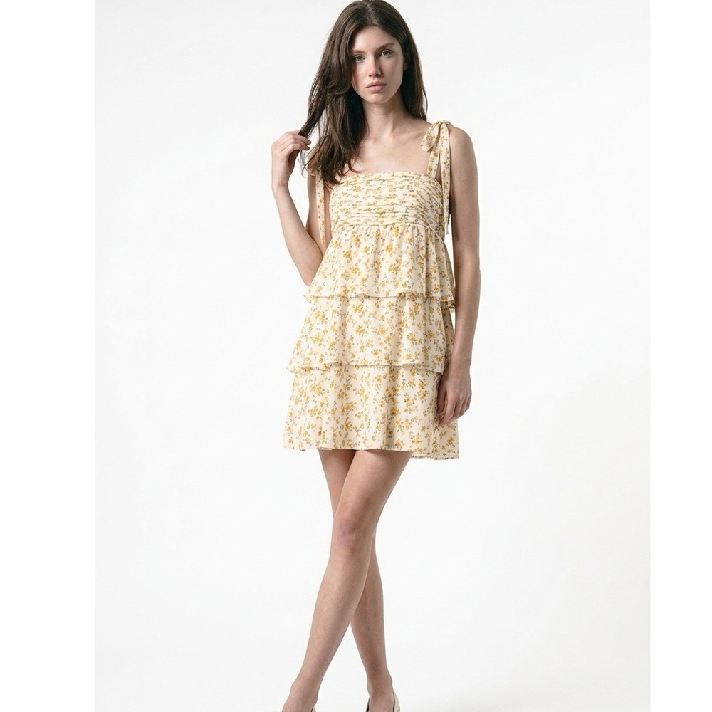 Reformation‎ Avni Tiered Babydoll Mini Dress Medium Floral Print Tie Shoulders